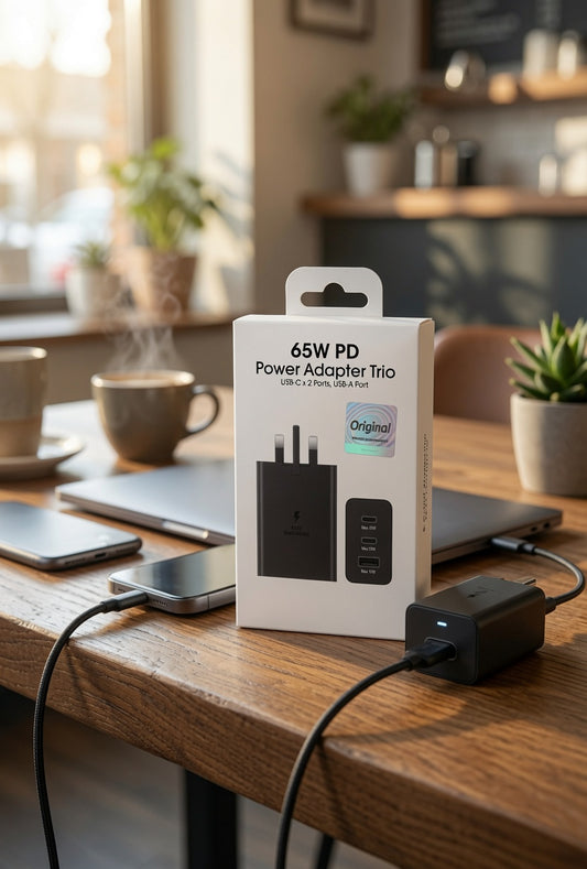 65W PD Power Adapter Trio – 3-Port Fast Charger | Dual USB-C + USB-A | Original Quality