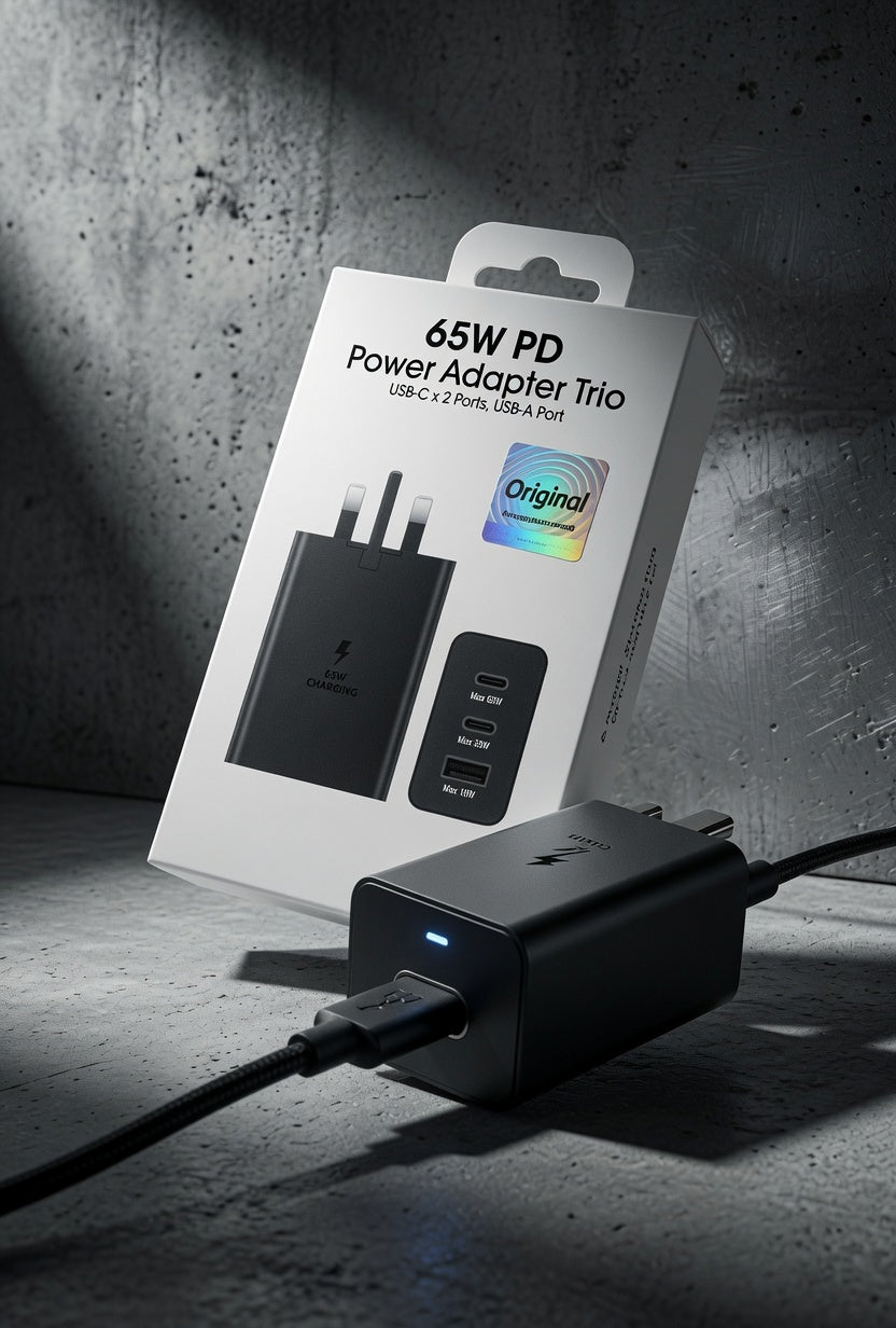 65W PD Power Adapter Trio – 3-Port Fast Charger | Dual USB-C + USB-A | Original Quality