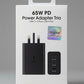 65W PD Power Adapter Trio – 3-Port Fast Charger | Dual USB-C + USB-A | Original Quality