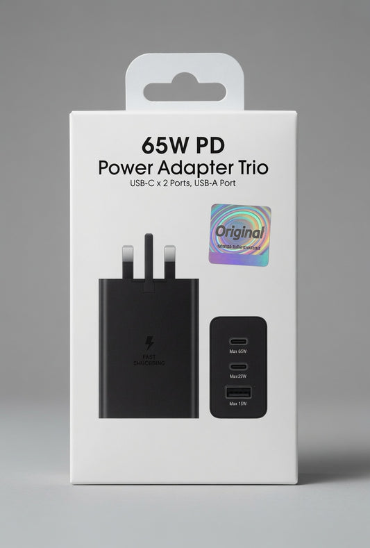 65W PD Power Adapter Trio – 3-Port Fast Charger | Dual USB-C + USB-A | Original Quality